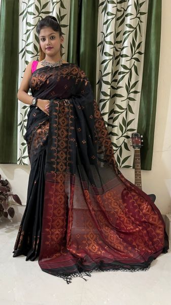 Black Butta Copper Zari Work Cotton Saree From Bengal
