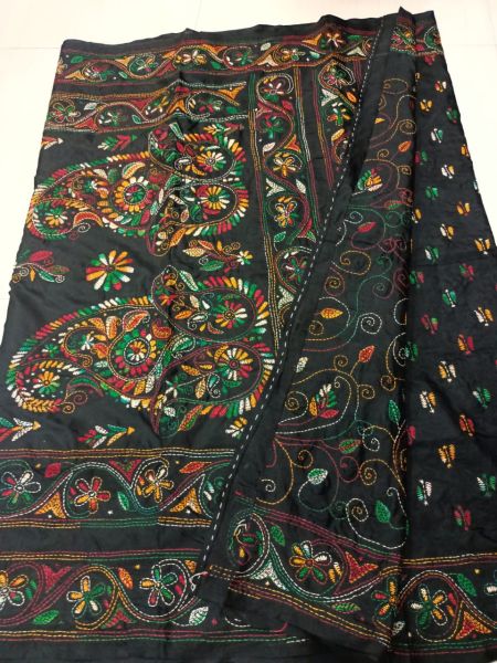 Black Katha stich Pure Handloom Silk Saree