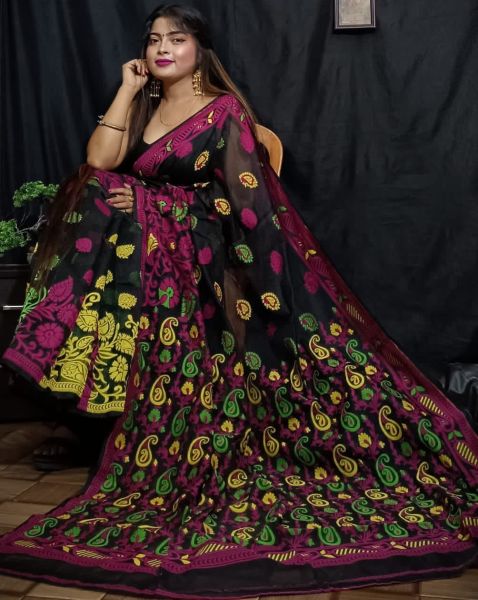 Black Flower Design Dhakai Jamdani Cotton Saree
