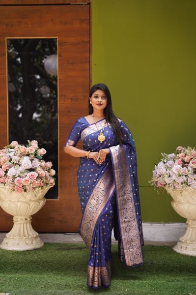Dark Blue Katan Silk Body Butta Design Saree From Bengal