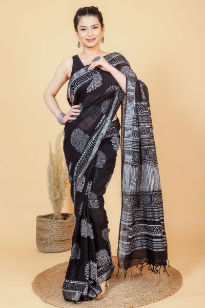 Black Hand Block Printed Linen Cotton Saree From Rajasthan