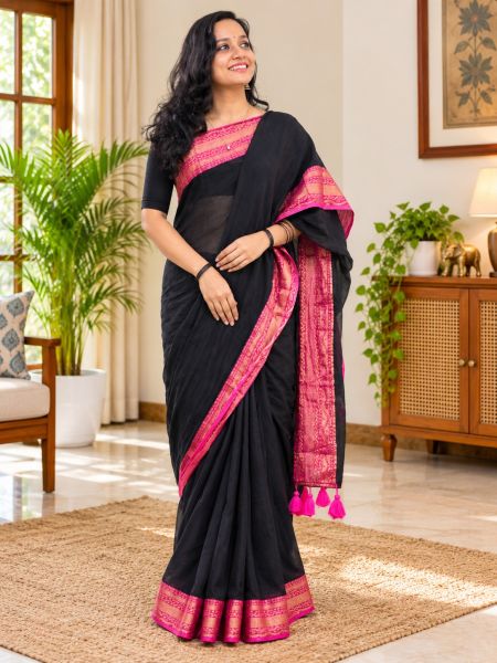 Black Organic Pure Handloom Cotton Saree From Bengal