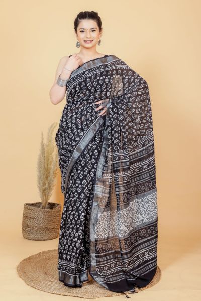 Black Hand Block Printed Linen Cotton Saree From Rajasthan