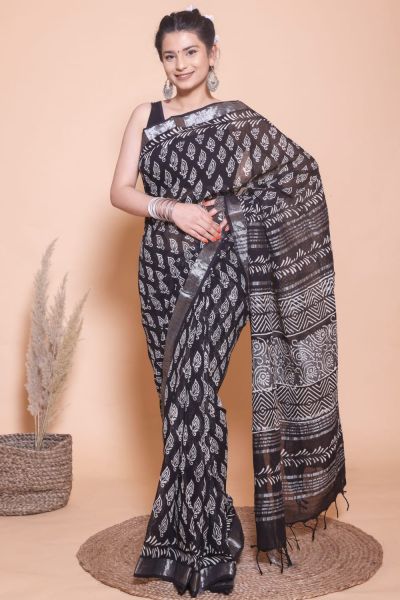 Black Hand Block Printed Linen Cotton Saree From Rajasthan