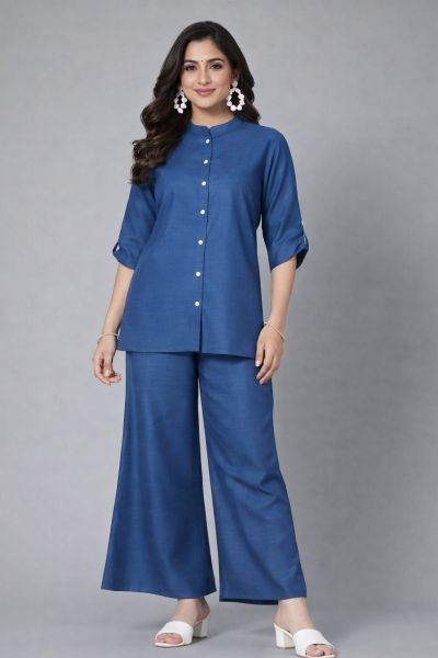 Blue Elegant Stylish Solid CO-ORD SET Mandarin Collar Buttons On Placket