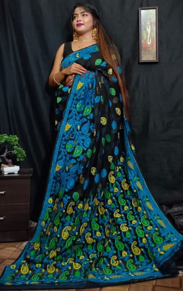 Black Dhakai Jamdani Cotton Saree From Bengal
