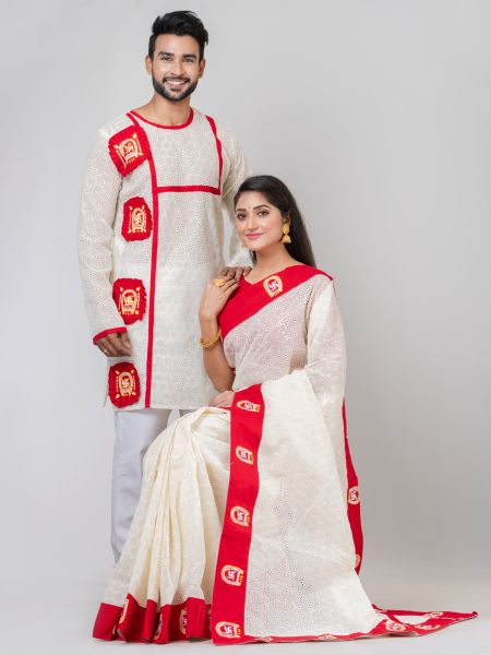 White Pure Handloom Hakoba Couple Set From Bengal