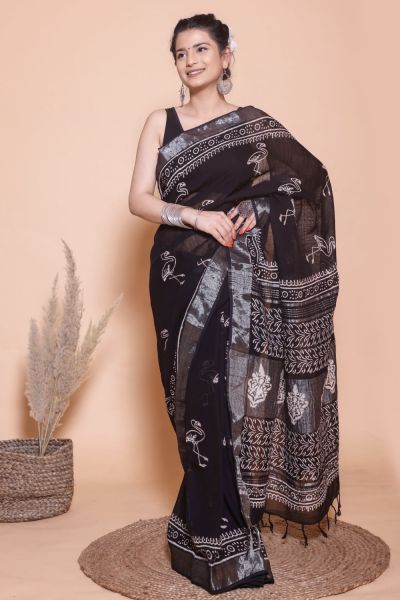 Black Hand Block Printed Linen Cotton Saree From Rajasthan