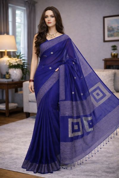 Blue Pure Handloom Box Design Saree From Bengal