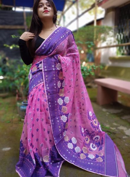 Baby Pink Mahua Dhakai Jamdani Cotton Saree