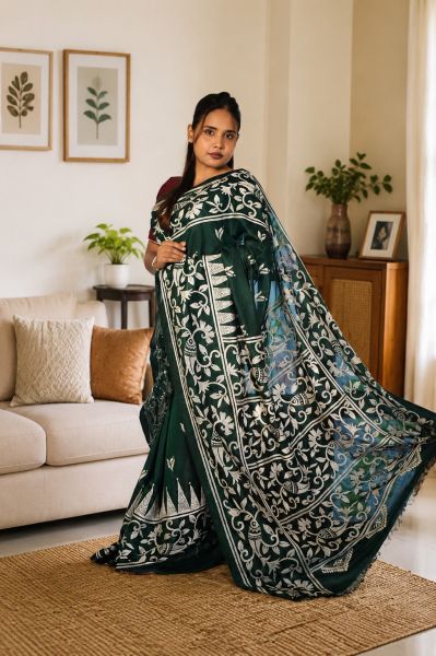 Black Pure Semi Silk Kanthastitch Saree From Bengal