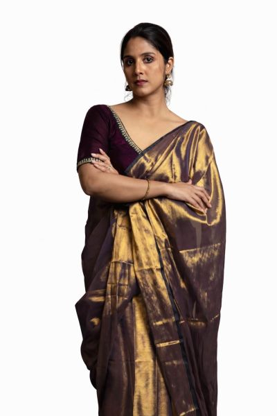 Golden Brown Tissue Cotton Pure Handloom Saree From Bengal