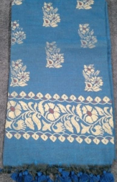 Aqua Blue Flower Printed Pure Handloom Cotton Saree