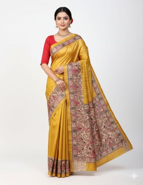 Yellow Elegant Women Madhubani Handcrafted Handloom Pure Tassar Silk Saree