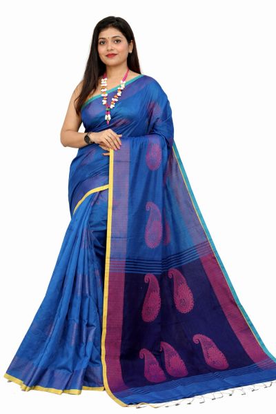 Bright Blue Pure Handloom Silk Saree From Bengal