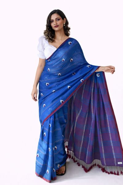 Blue Pure Handloom Cotton Saree From Bengal