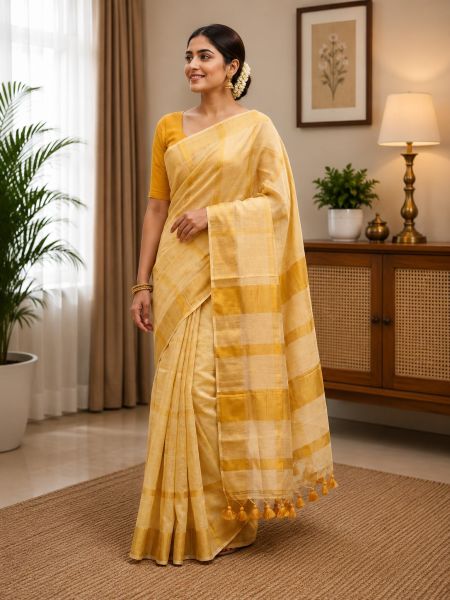 Golden yellow pure Handloom Tissue Cotton Saree From Bengal
