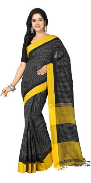 Black Pure Handloom Cotton Checks Design Saree