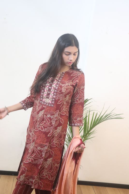 Brick Red Printed Cotton Kurti With Dupatta