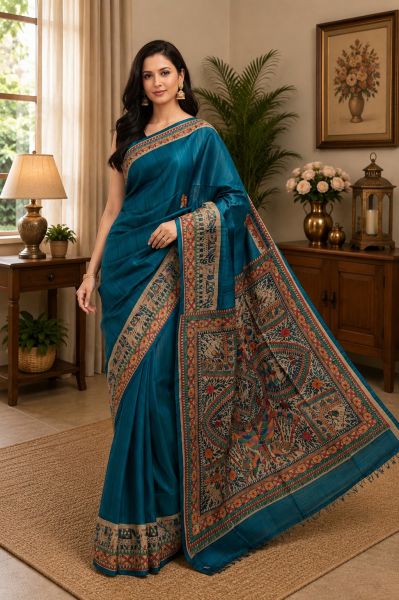 Sea Blue Authentic Madhubani Pure Handloom Women Tassar Silk Saree