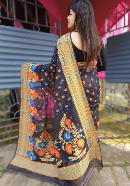 Black Gold Border Mahua Dhakai Jamdani Cotton Saree