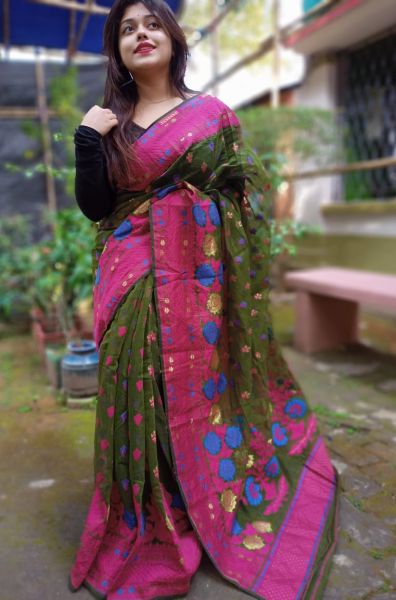 Army Green Pink Border Mahua Dhakai Jamdani Cotton Saree