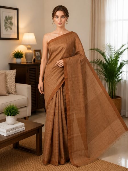 Brown Tussar Silk Pure Handloom Saree From Bhagalpur