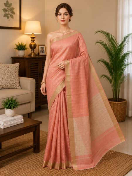 Peach Traditional Pure Handloom Tussar Silk Saree From Bhagalpur