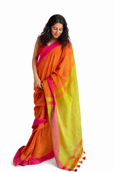 Orange Yellow Pure Handloom Cotton Saree From Bengal