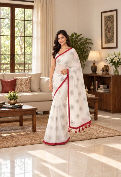 White Pure Handloom Mulmul Cotton Saree From Bengal