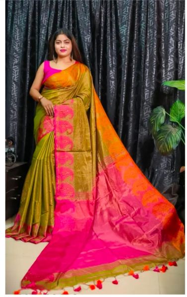 Mehandi Green Pure Handloom Tissue Cotton Saree From Bengal