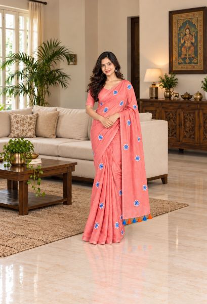 Peach Pure Handloom Mulmul Cotton Saree From Bengal