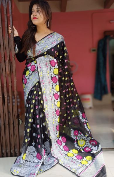 Black Mahua Dhakai Jamdani Cotton Saree