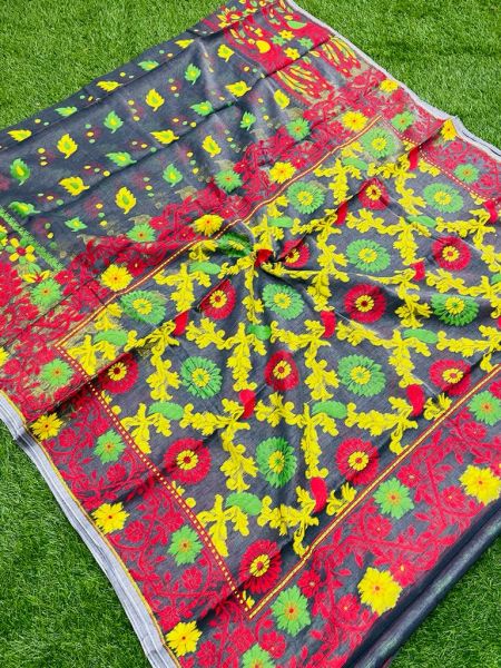 Black Leaf Design Pure Handloom Dhakai Jamdani Saree