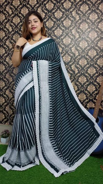 Teal Green Stripes Design Pure Handloom Rayon Saree