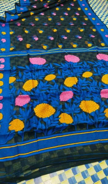 Black Blue Flower Dhakai Jamdani Cotton Saree From Bengal