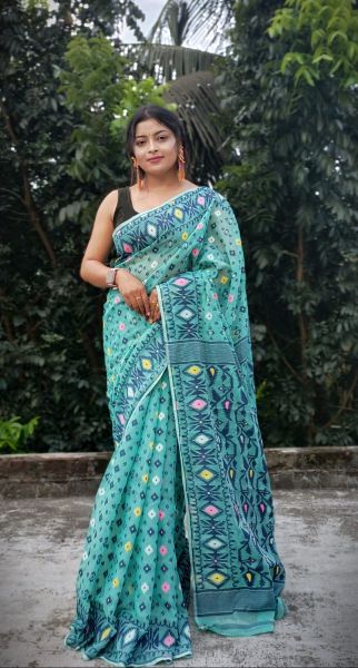 Sea Blue Resham Weaving Pure Handloom Cotton Dhakai Jamdani Saree