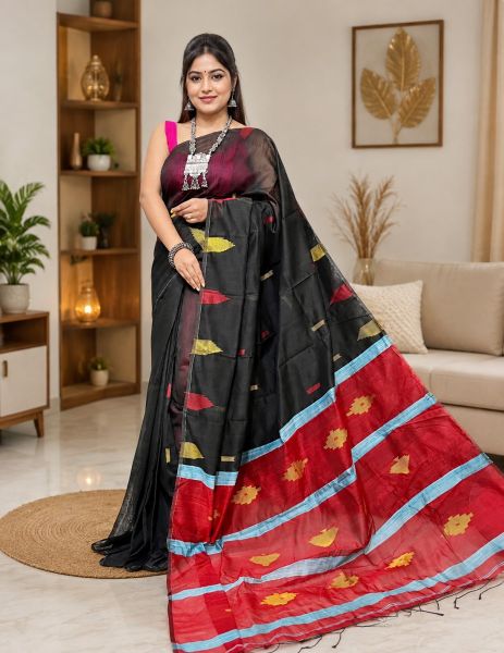 Black Pure Handloom silk Cotton Saree From Bengal
