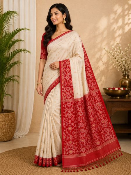 Off White Authentic Pure Handloom Tussar Silk Saree From Bengal