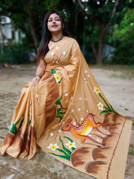 Beige Hand Printed Pure Handloom Silk Cotton Saree From Bengal