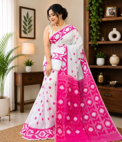 White And Pink Pure Handloom Dhakai Jamdani Saree From Bengal