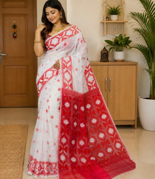 White And Red Pure Handloom Dhakai Jamdani Saree From Bengal
