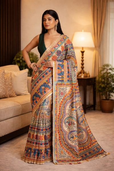 Handwoven Organic Tussar Silk Madhubani Premium Bhagalpur Silk Saree