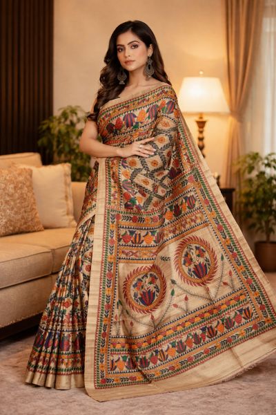 Organic Tussar Silk Madhubani Handpainted Saree Authentic Bhagalpuri Handloom Saree