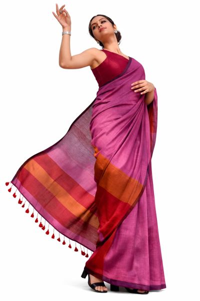 Pink Women's Hand Weaving Pure Cotton Saree From Bengal
