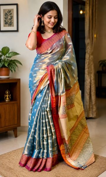 Sea Green Pure Handloom Tissue Cotton Saree From Bengal