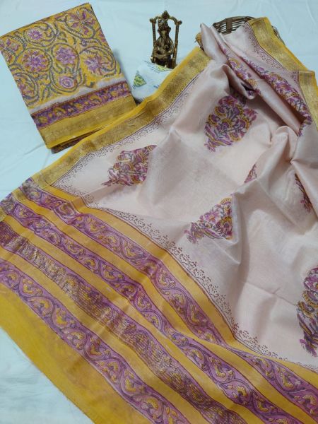 Cream Yellow Pink Hand Block Printed Maheswari Silk Kurti Dupatta And Cotton Pant