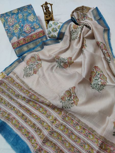 Cream Blue Hand Block Printed Maheswari Silk Kurti Dupatta And Cotton Pant