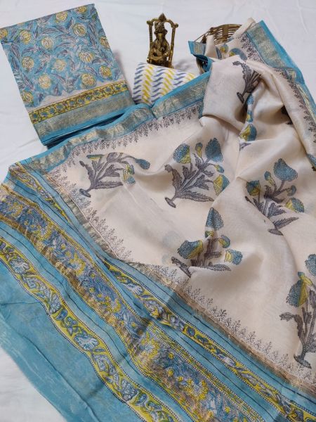 Cream Sky Blue Hand Block Printed Maheswari Silk Kurti Dupatta And Cotton Pant