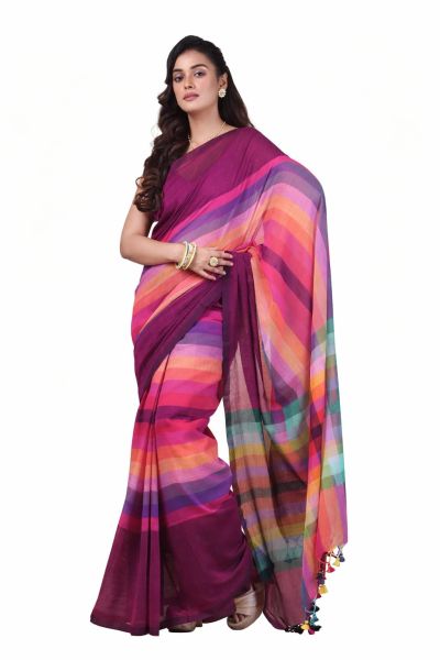 Pink Colour Pure Handloom Mulmul Cotton Saree From Bengal